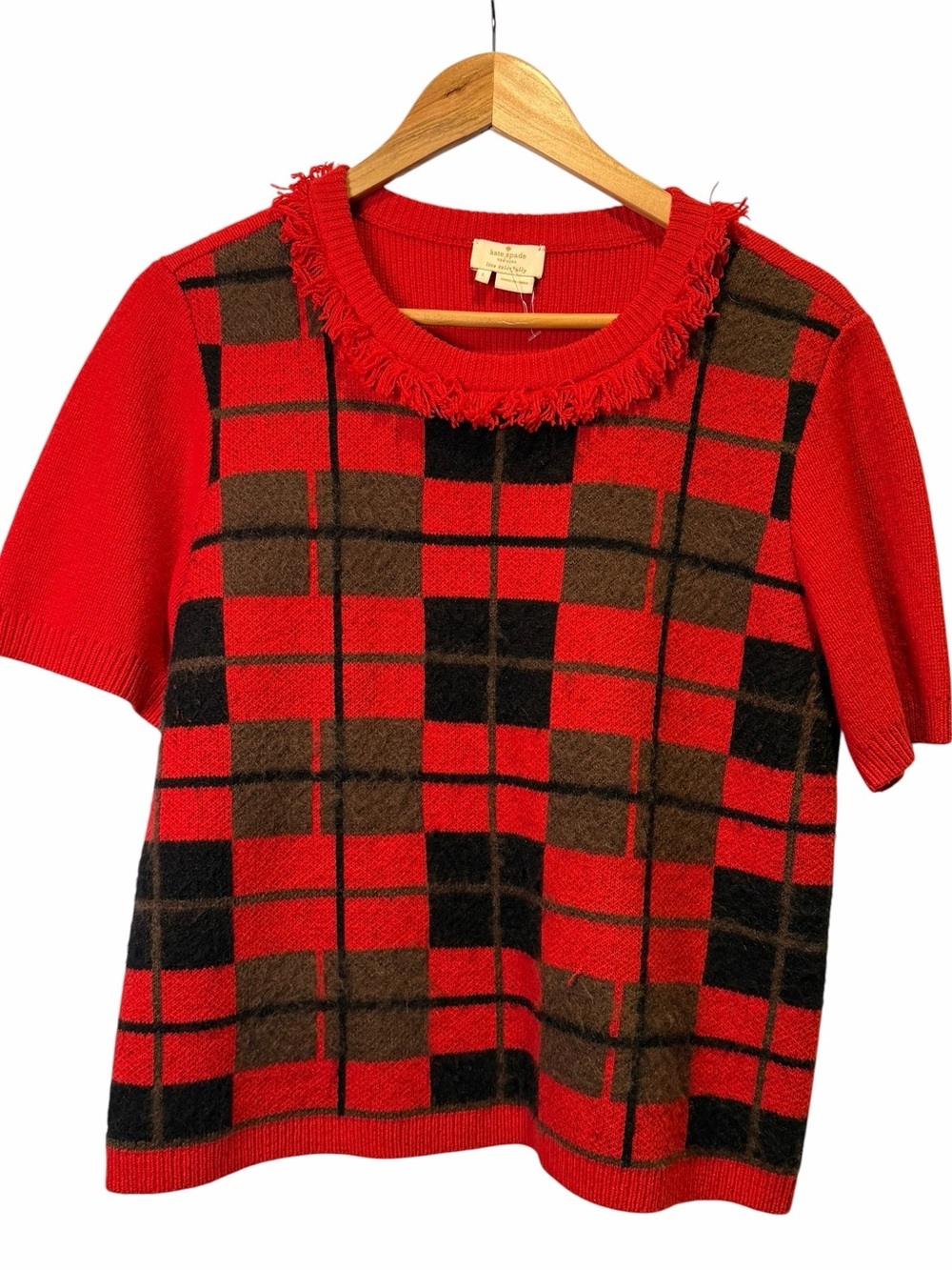 kate spade Red Plaid Short-Sleeve Sweater with Fringed Crew Neck